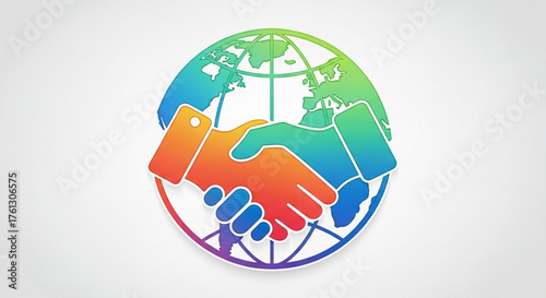 Worldwide cooperation icon with handshake and globe international partnership and collaboration for global business and social responsibility