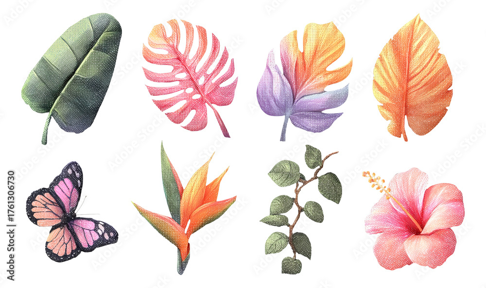 Obraz premium Colorful Tropical Leaves and Butterfly on Transparent Background for Design Use