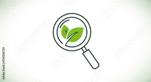 Two green leaves under a magnifying glass, symbolizes the study of nature, science, and the environment, with a focus on detail