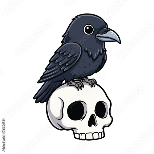 Cute cartoon crow perched on a stylized skull
