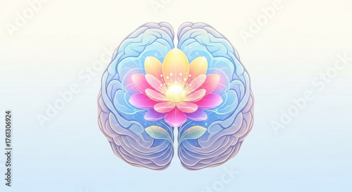 Brain with lotus flower, symbolizing mental health, peace, mindfulness, and spiritual growth concept of inner peace, enlightenment, and emotional wellbeing