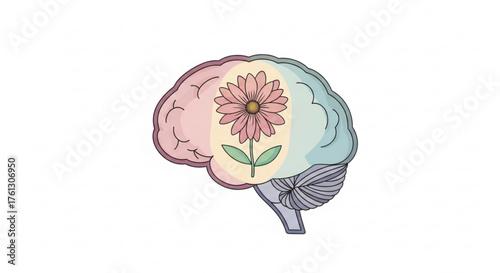 Brain with daisy flower, symbolizing mental health, growth, and wellbeing, concept of positive thinking and emotional balance