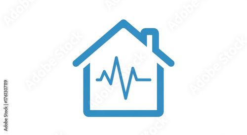 A minimalist blue house icon with an electrocardiogram line inside, , symbolizing home healthcare and cardiac monitoring services