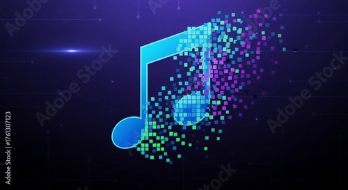 A vibrant blue music note shimmers against a deep purple backdrop, dissolving into a cloud of colorful pixels, embodying the fusion of music and technology in the digital age