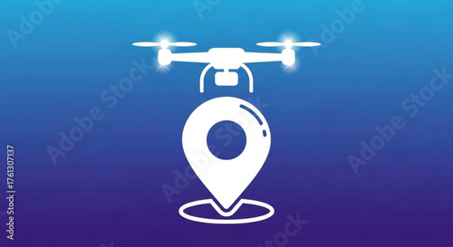Drone delivery service concept with location pin icon on blue background modern aerial vehicle for fast shipping and logistics