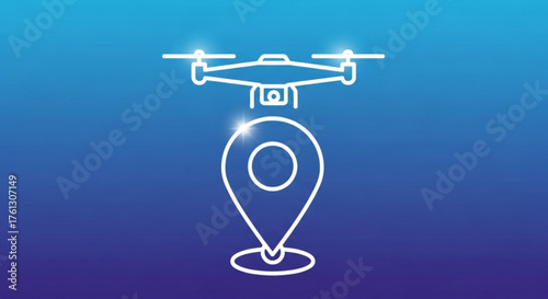 Drone delivery service concept with location pin icon on blue background modern aerial vehicle for fast shipping and logistics