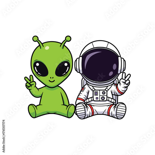 Cute alien and astronaut friends peace sign illustration