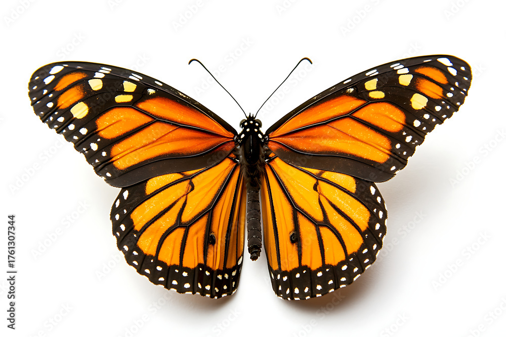 Obraz premium Monarch butterfly with vibrant orange wings, a symbol of transformation and beauty for nature enthusiasts, garden designs, and educational materials