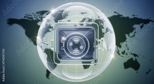 Global photography concept featuring a camera inside a glass sphere against a world map backdrop, symbolizing worldwide photographic connections and technology