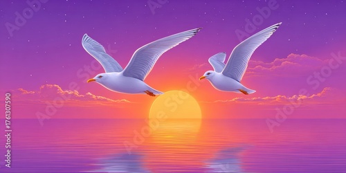 Wallpaper Mural a realistic photo of seagulls flying across a glowing sunset sky over the sea Torontodigital.ca