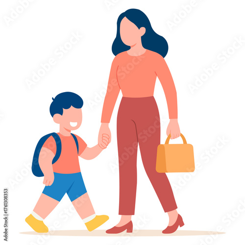 Mother Taking Her Son to School - Flat Illustration