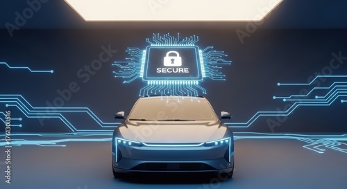 A futuristic car with a secure chip above it and circuit board lines in the background on a dark surface