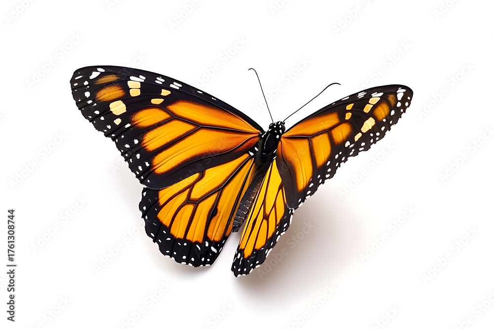 Fototapeta premium Monarch butterfly spreading vibrant orange wings, a symbol of transformation and beauty, perfect for nature or inspirational designs