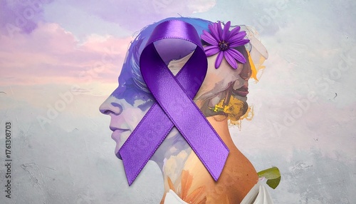Mental Health Awareness - Purple Ribbon Symbolizing Support and Understanding.