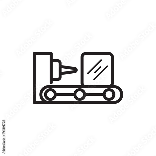 CNC machining icon showing a drill and conveyor belt, symbolizing automated manufacturing, computer numerical control, precision production, and smart fabrication processes.