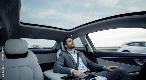 Man in suit reclining in autonomous car with sunroof and other cars passing on the highway outside