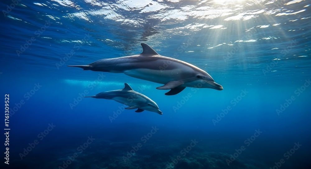Fototapeta premium Two Wild Dolphins Swimming Together in Clear Blue Ocean Water