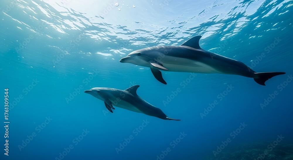 Fototapeta premium Low Angle Shot of Two Dolphins Swimming Near the Water Surface
