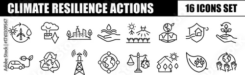 A comprehensive icon set depicting Climate Resilience Actions, illustrating solutions for sustainability, environmental protection, and adapting to climate change impacts.