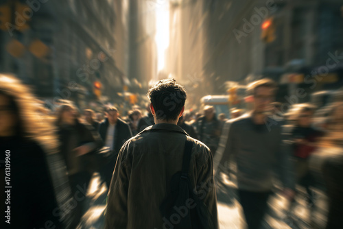 young man stands still in bustling city street, surrounded by blur of people and activity, capturing essence of urban life and feeling of being lost in crowd