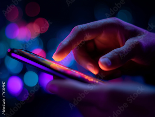 close up of fingers tapping on glowing smartphone, surrounded by colorful bokeh lights, creates vibrant and modern atmosphere