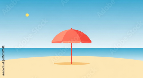 A minimalist beach scene featuring a red umbrella on a sandy shore, with a calm sea and clear blue sky, creating a simple and serene summer illustration
