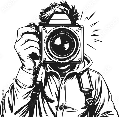 A photographer, with their face obscured by a camera and a flashing light, represents the essence of capturing moments, paparazzi, or unseen artists.