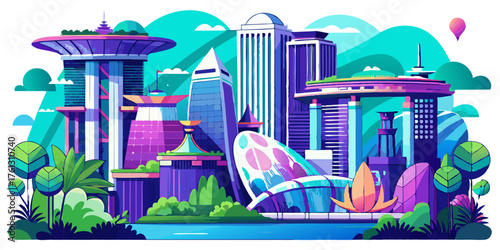 A futuristic, vibrant city skyline blending nature with advanced architecture, featuring lush greenery, modern skyscrapers, and innovative designs, ideal for sustainable urban development concepts.