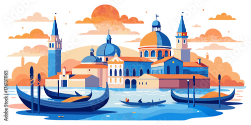 Enchanting Venice canal scene with gondolas, historic architecture, and warm sunset. Stylized illustration for Italian travel, romance, and European cultural themes.