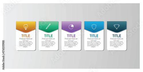 Five Icon Cards concept. Idea, Writing, Time, Security, And Achievement For Presentation.