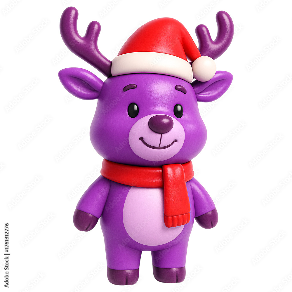Naklejka premium Cute 3D Purple Christmas Reindeer Wearing Santa Hat and Red Scarf Isolated on Transparent Background
