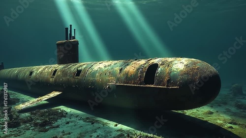 Rusty submarine wreck underwater