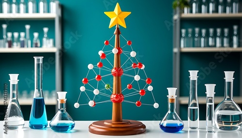 Science lab featuring a festive molecular model Christmas tree, surrounded by beakers and flasks with colorful liquids