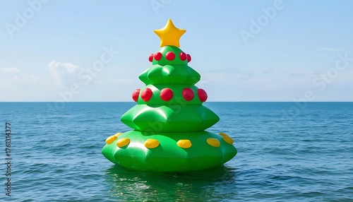 Inflatable green Christmas tree with star and decorations floating on calm blue ocean. Celebrating holidays in warm climate