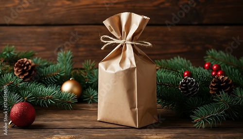 Kraft paper gift bag with twine bow, surrounded by fir branches, pinecones, and Christmas ornaments on wooden surface