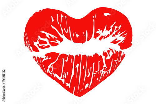 Red lipstick kiss symbol in a heart form isolated on a white background