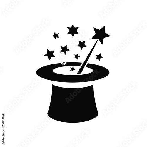 Black magic hat with wand and stars appearing from top hat magic wand