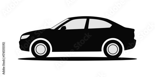 Black sedan car silhouette with grey windows and wheels on white automobile vehicle