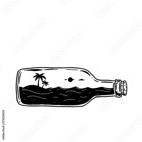 Minimalist Black & White Line Art, Bottle with Island Scene, Palm Tree Silhouette, Message in a Bottle Aesthetic