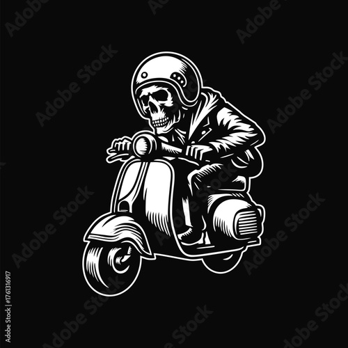 Skull riding scooter vector art illustration
