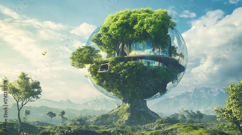 Conceptual sphere structure with green tree in natural landscape