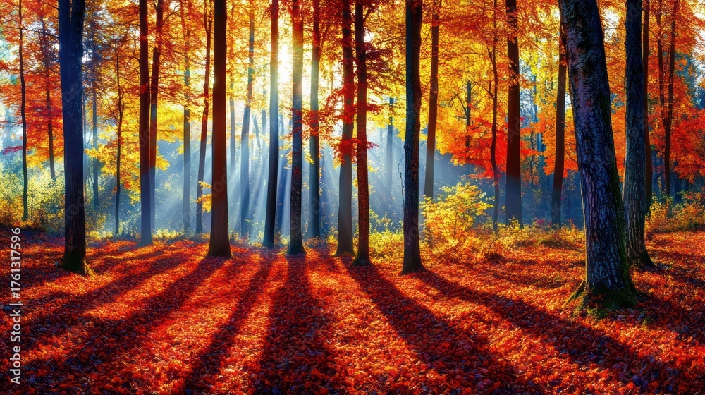 Obraz premium Forest scene bathed in warm sunlight, trees with autumn colors, shadows cast on the ground