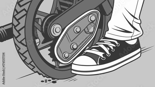 Close up of a motorcycle wheel and foot wearing a black and white sneaker on a gray background scene