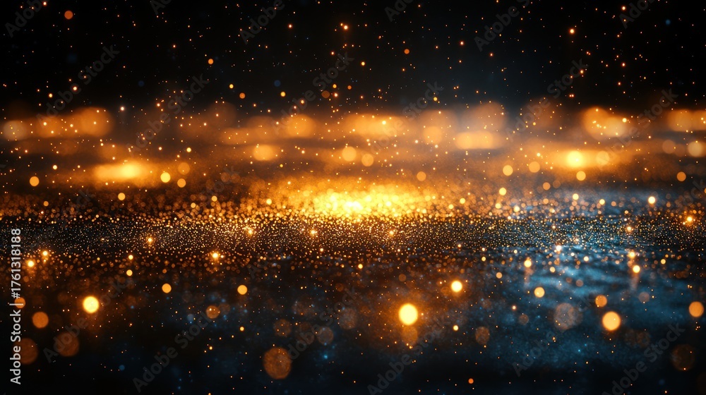 Obraz premium Abstract digital art with golden glowing particles and bokeh against a dark, blurred background