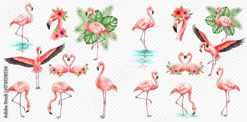 Set of watercolor pink flamingos in various poses, some with tropical leaves and flowers, on a transparent background, perfect for summer designs.