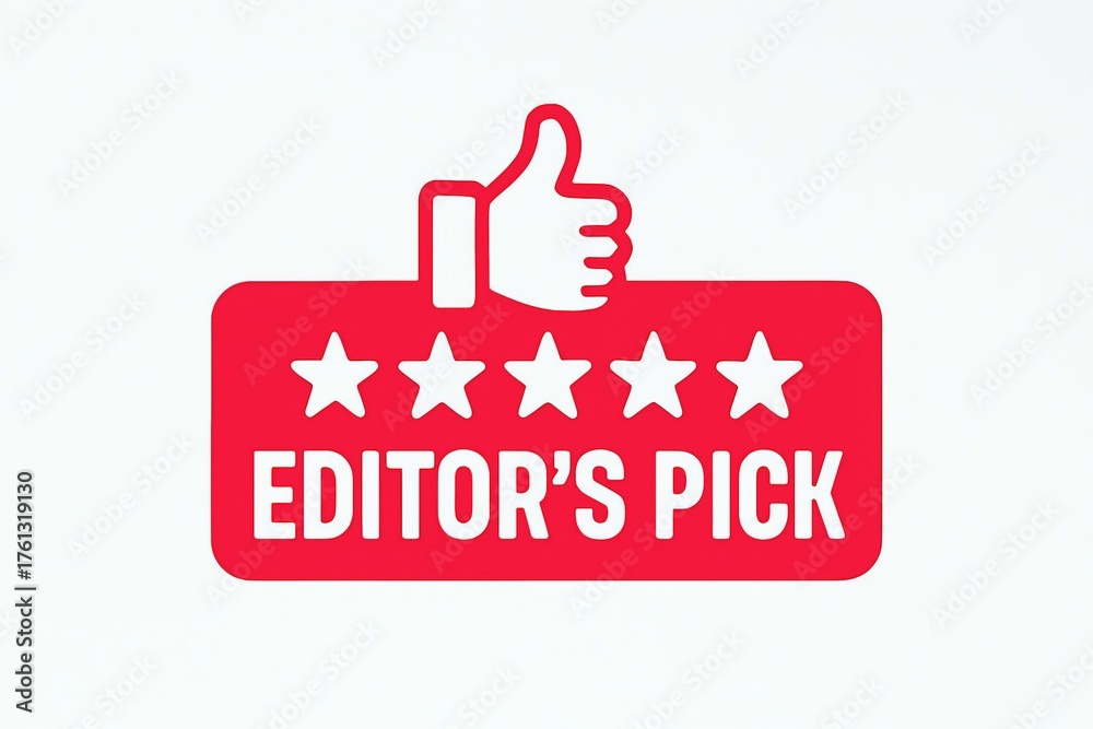 Obraz premium Red sign with five white stars and a thumbs up icon indicating editor s pick or top choice