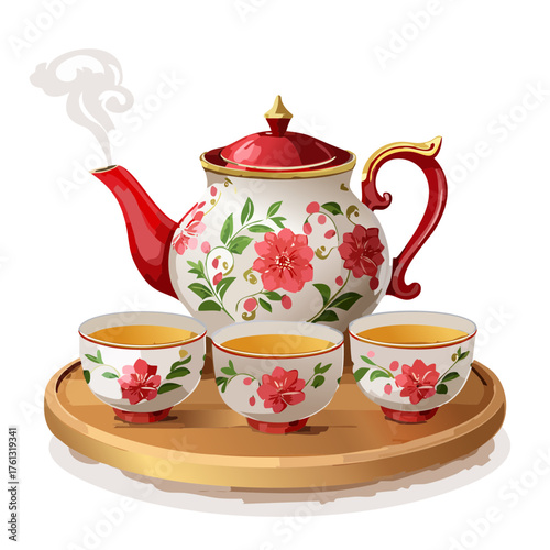 Floral Teapot and Teacup Illustrations Set — elegant vector tea sets with decorative flower patterns and steaming tea