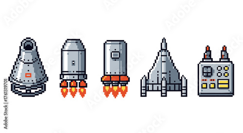 Pixel Art Spaceship Elements Collection for Sci-Fi and Gaming Projects