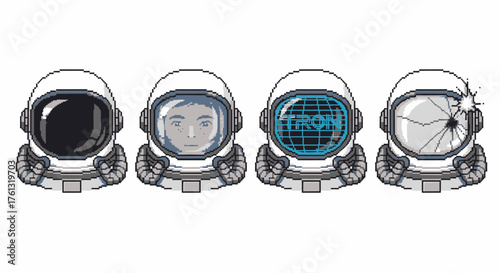 Astronaut Helmet Variations Exploring Space with Different Designs and Styles in Pixel Art
