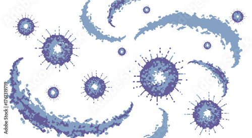 Dynamic abstract illustration featuring dotted blue and purple spheres and swirling patterns, evoking microscopic particles, cellular structures, or distant cosmic phenomena